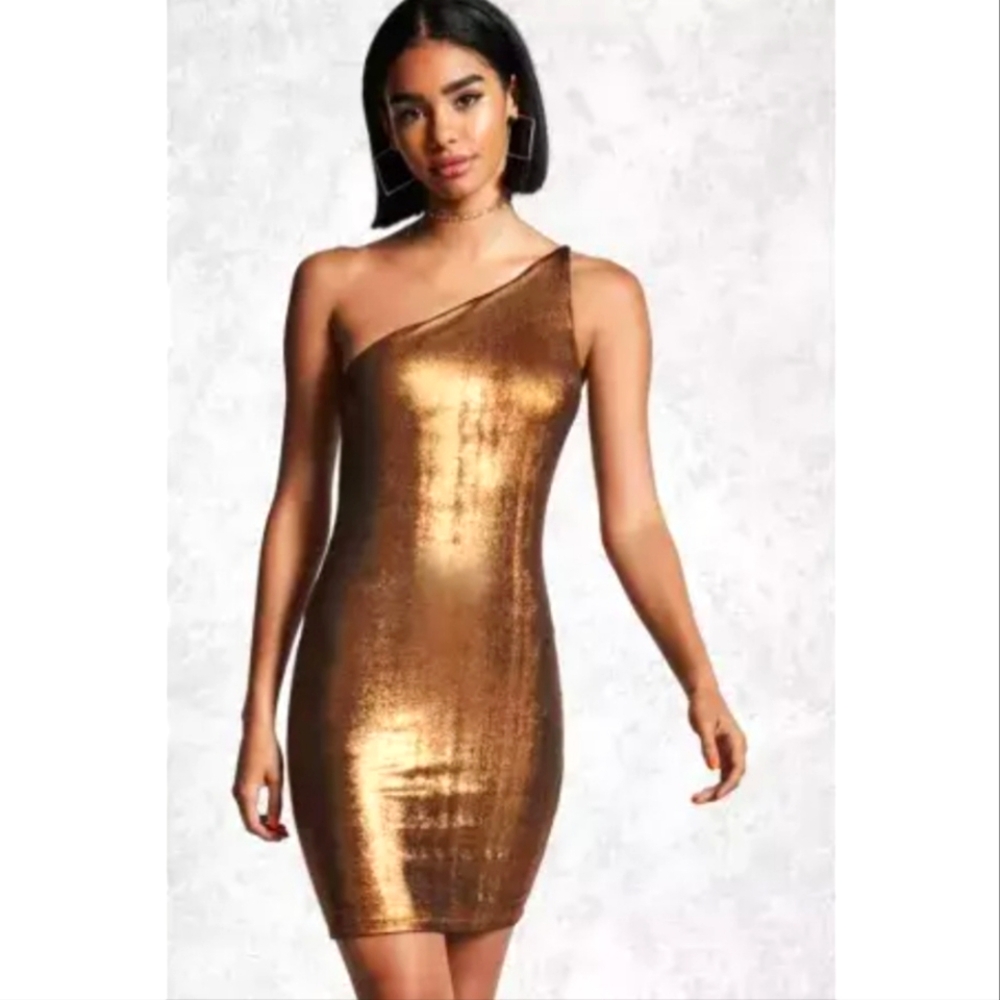 Forever 21 Bronze Metallic One Shoulder Strap Dress